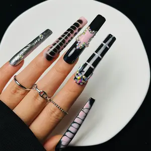 10Pcs Handmade Press on Nails Black Pink Extra Long Square Goth Acrylic Black Pink Nail Supplies Fake Nails Stickers Y2K Cute Suitable For Girls And Women Festivals Parties  Gems Stuff French Gems Stuff Salon Quality Rhinestone Rhinestone Embellished, Flo