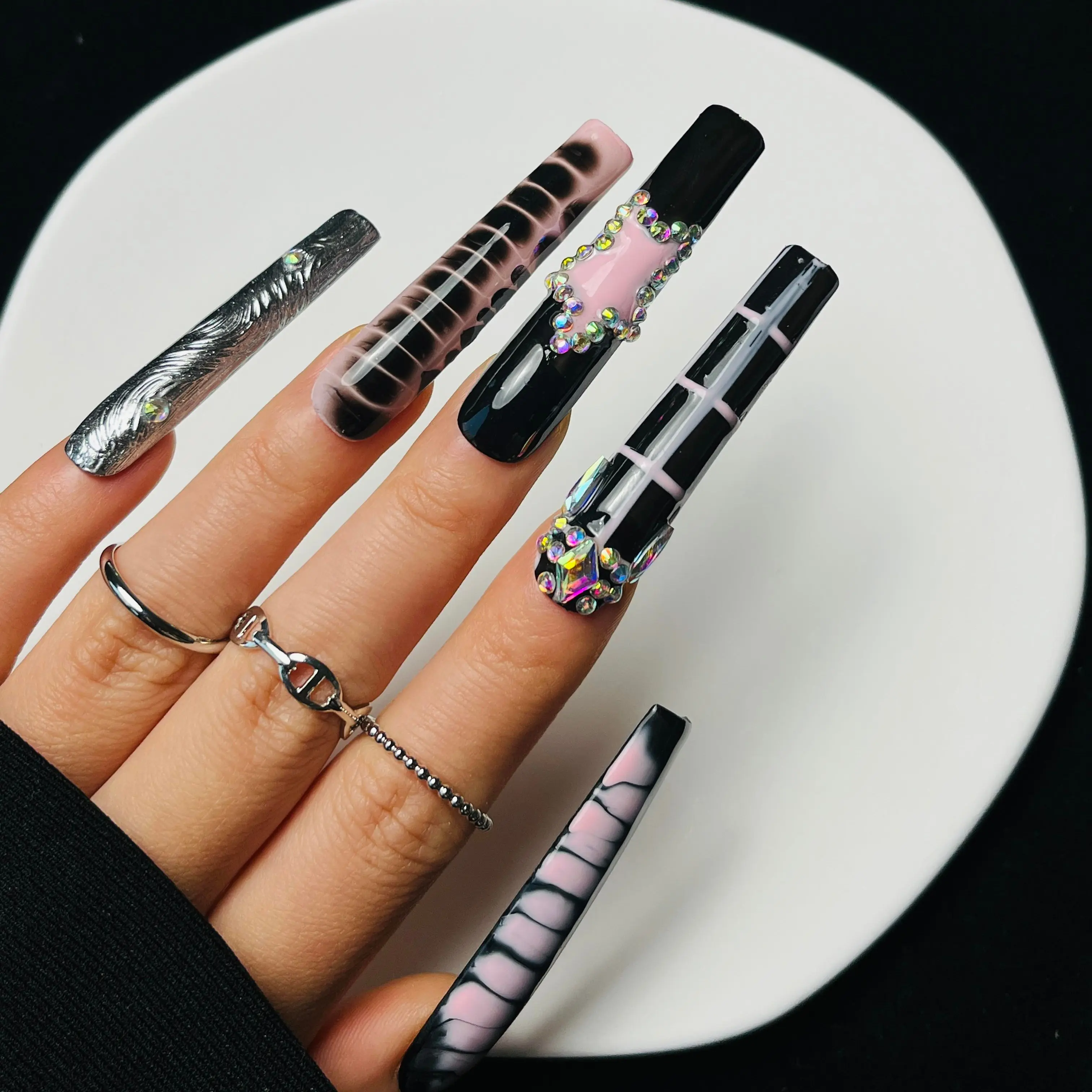 10Pcs Handmade Press on Nails Black Pink Extra Long Square Goth Acrylic Black Pink Nail Supplies Fake Nails Stickers Y2K Cute Suitable For Girls And Women Festivals Parties  Gems Stuff French Gems Stuff Salon Quality Rhinestone Rhinestone Embellished, Flo