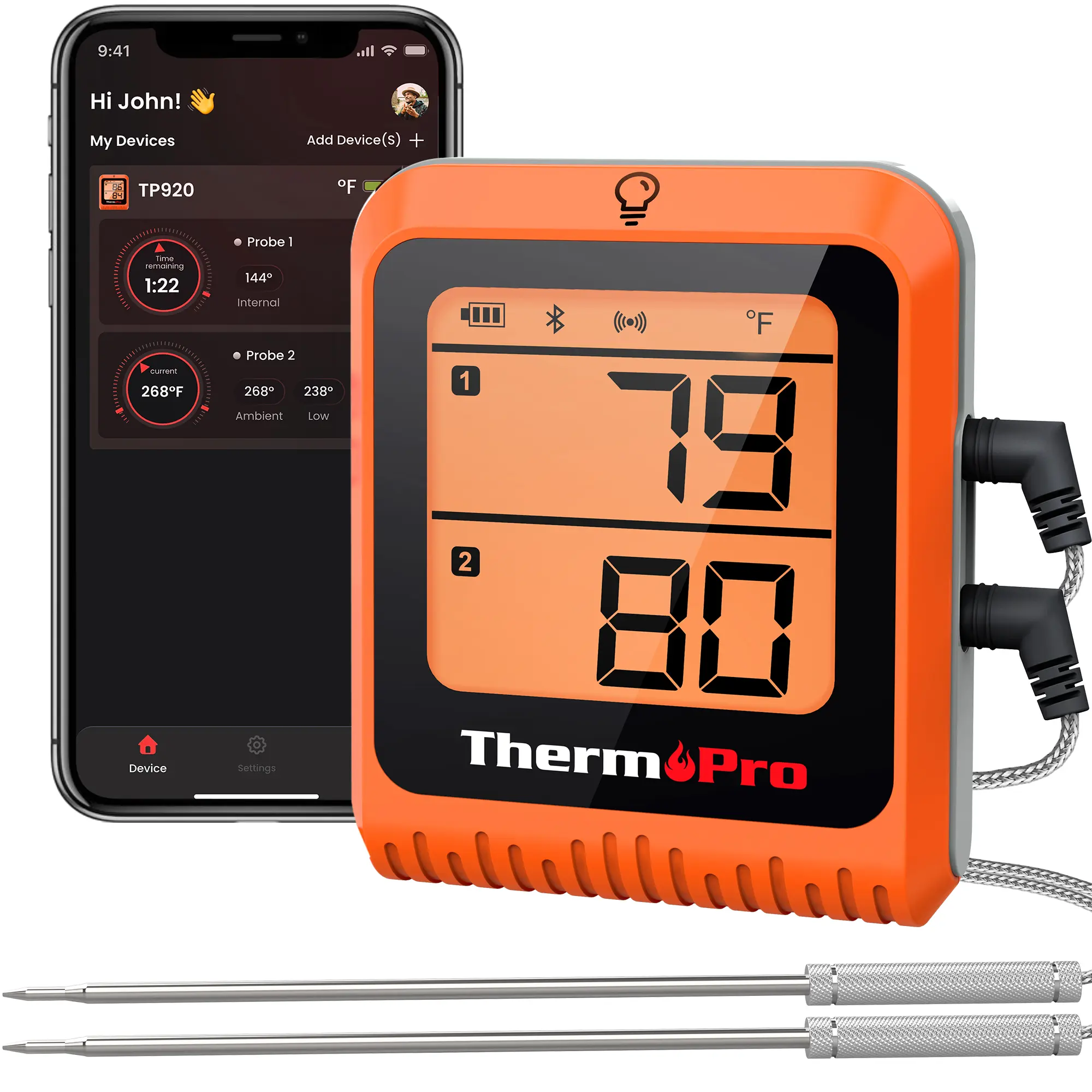 ThermoPro TP920 Wireless Meat Thermometer - 2 Probes, 650ft Range, Designed for modern kitchens and outdoor grills,A great choice for home chefs, multitaskers, food-safety-conscious households (TP920)