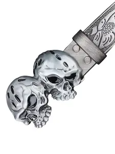 Gothic Skull Belt, 3D Dual Skull Metal Buckle, Western Floral Texture, PU Leather, Unisex, Punk Style, Cosplay & Jeans Wear