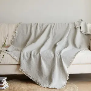Pure Linen Throw Blanket with Fringe for Couch/Bed/Sofa/Gift, Natural Washed Flax Solid Color Soft Breathable Cozy Farmhouse Boho Home Décor