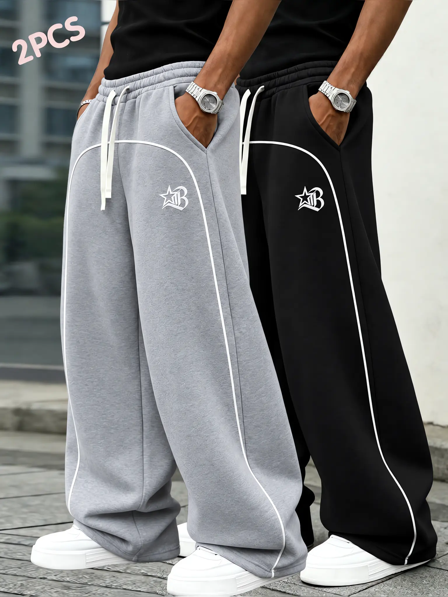 Men’s two-pack loose-fit fleece sweatpants, wide-leg design, for fitness, running, and everyday commuting, side stripes, available in 9 colors, all sizes