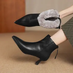 Women's Pointed-Toe Ankle Boots with Plush Collar & Kitten Heel - Faux Winter, Zipper Closure, Cushioned (Black) - Round/Block Heel Compatible for Jeans/Dresses - Cozy Fall & Winter Booties