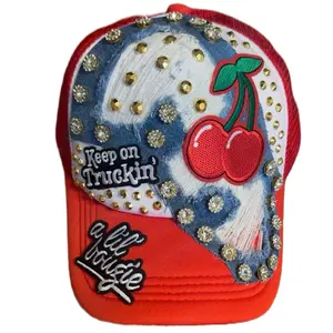 Junk Hat Red Trucker Hat with Cherry Design and Rhinestone Accents Keep on Truckin' A Lil' Bougie