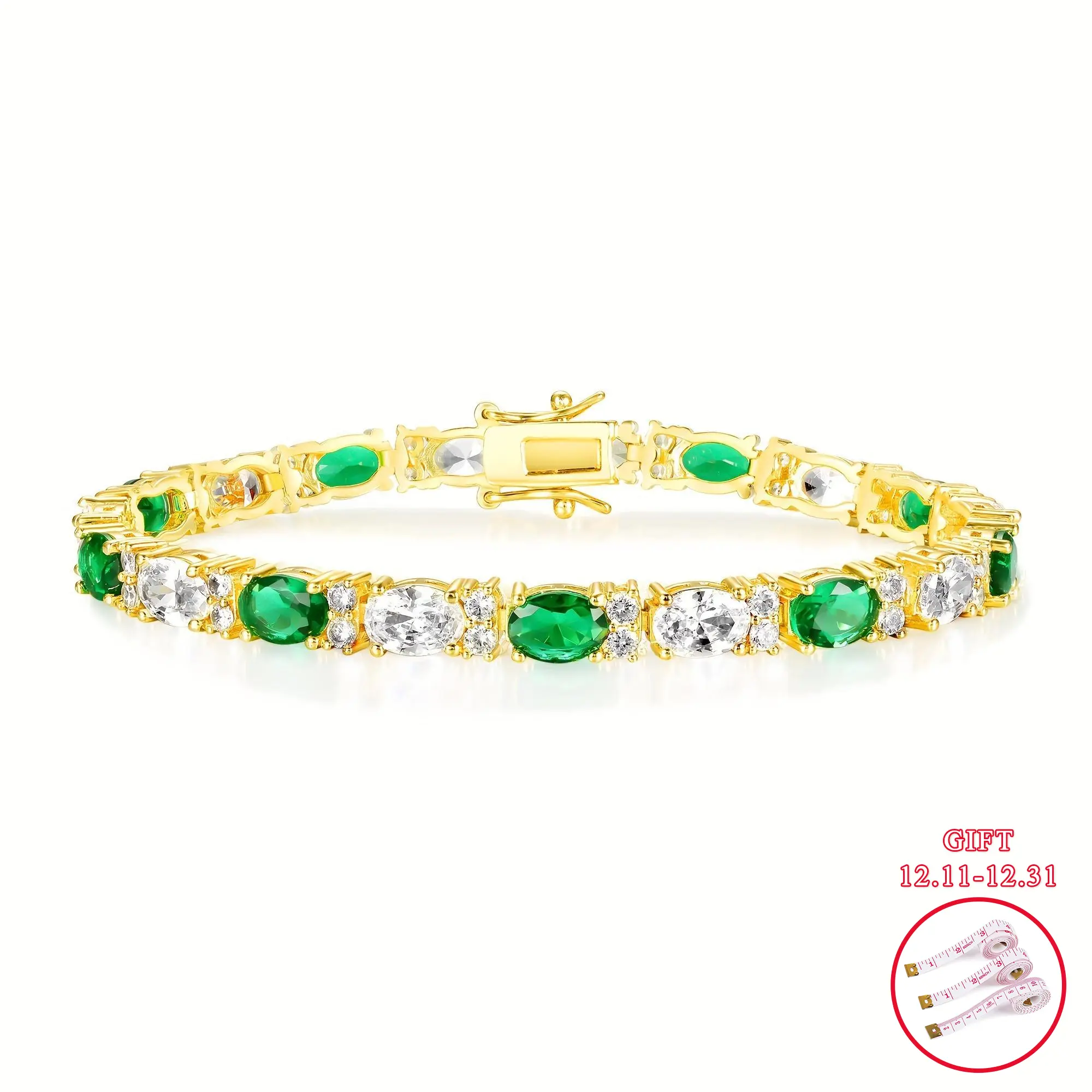 GEMSME 3*5mm Oval Green & White Zirconia Bracelet Unisex 6.5-8.5 Golden Chain Durable Neutral Style Ideal for Weddings Parties Gifts Chic Luxurious Design ATS63749