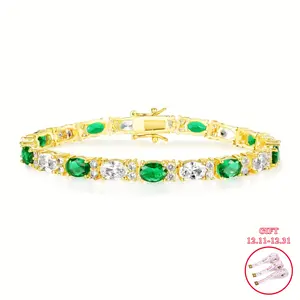 GEMSME 3*5mm Oval Green & White Zirconia Bracelet Unisex 6.5-8.5 Golden Chain Durable Neutral Style Ideal for Weddings Parties Gifts Chic Luxurious Design ATS63749