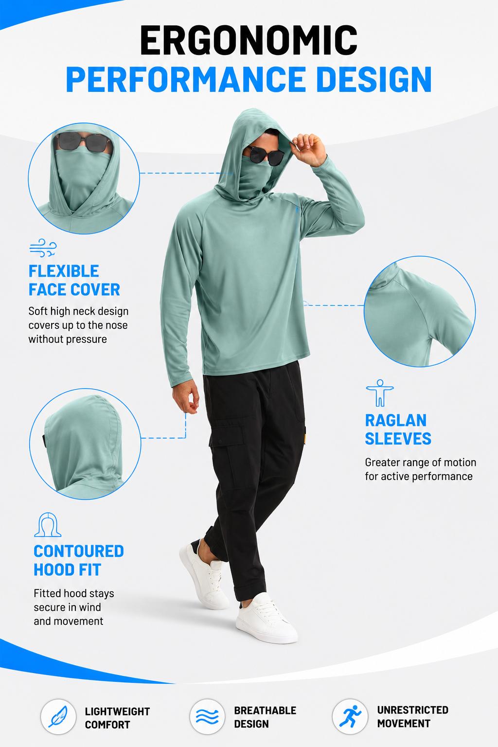 6 PACK Mens Fishing Hoodie UV Sun Protection Shirts UPF Rash Guard Long Sleeve Shirts Hiking Performance Mesh Face Mask Top Athletic Clothes Athletic Apparel