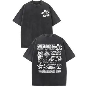 Outer Banks Retro Vintage 230g Washed Cotton T-Shirt - Breathable Relaxed Fit Short Sleeve Tee with Beach & Floral Graphic Print, Round Neck Casual Shirt for Men & Women, All-Season Comfort, Allseason Tshirt |   men  clothing Streetwear Crewneck