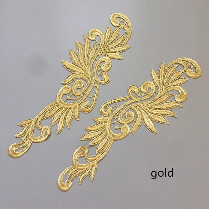 1 Pair Gold Collar Appliques, Ornate Sew-On Patches for DIY Embroidery, Wedding Gown and Formal Dressmaking, Customizable, 90mm x 295mm, Metal, 90Mm * 295Mm