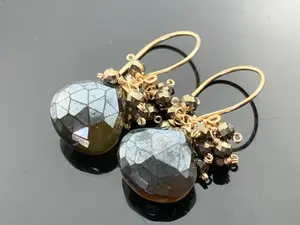 Green Brown Chalcedony Earrings . Pyrite Cluster Drops . 14K Gold Filled Dangles . Earthy Gemstone Jewelry