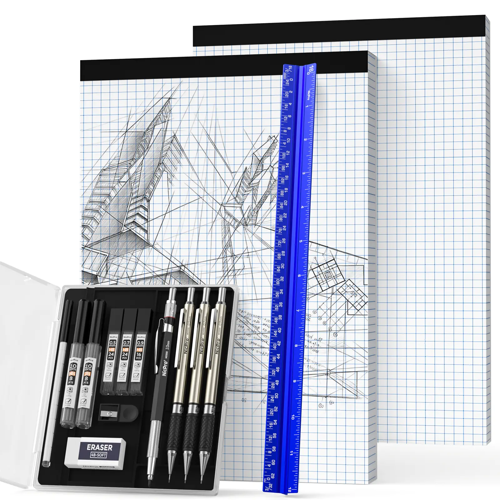 Nicpro 16PCS Geometry Drafting Tools Kit - Layout Measuring Tool, Measuring Instrument, 12" Aluminum Triangular Architect Scale Ruler, 0.5/0.7/0.9/2mm Mechanical Pencils, 5 HB/2B Lead Refill Tubes, 2 Graph Paper Pads for Designers, Engineers