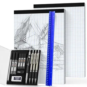 Nicpro 16PCS Drafting Tools with 12‘’ Aluminum Architect Scale Ruler, Mechanical Pencils 0.5, 0.7, 0.9 & 2mm, Lead Refills, 2 Pack Graph Paper Pad, Geometry Drawing Kit for Engineers Students Design