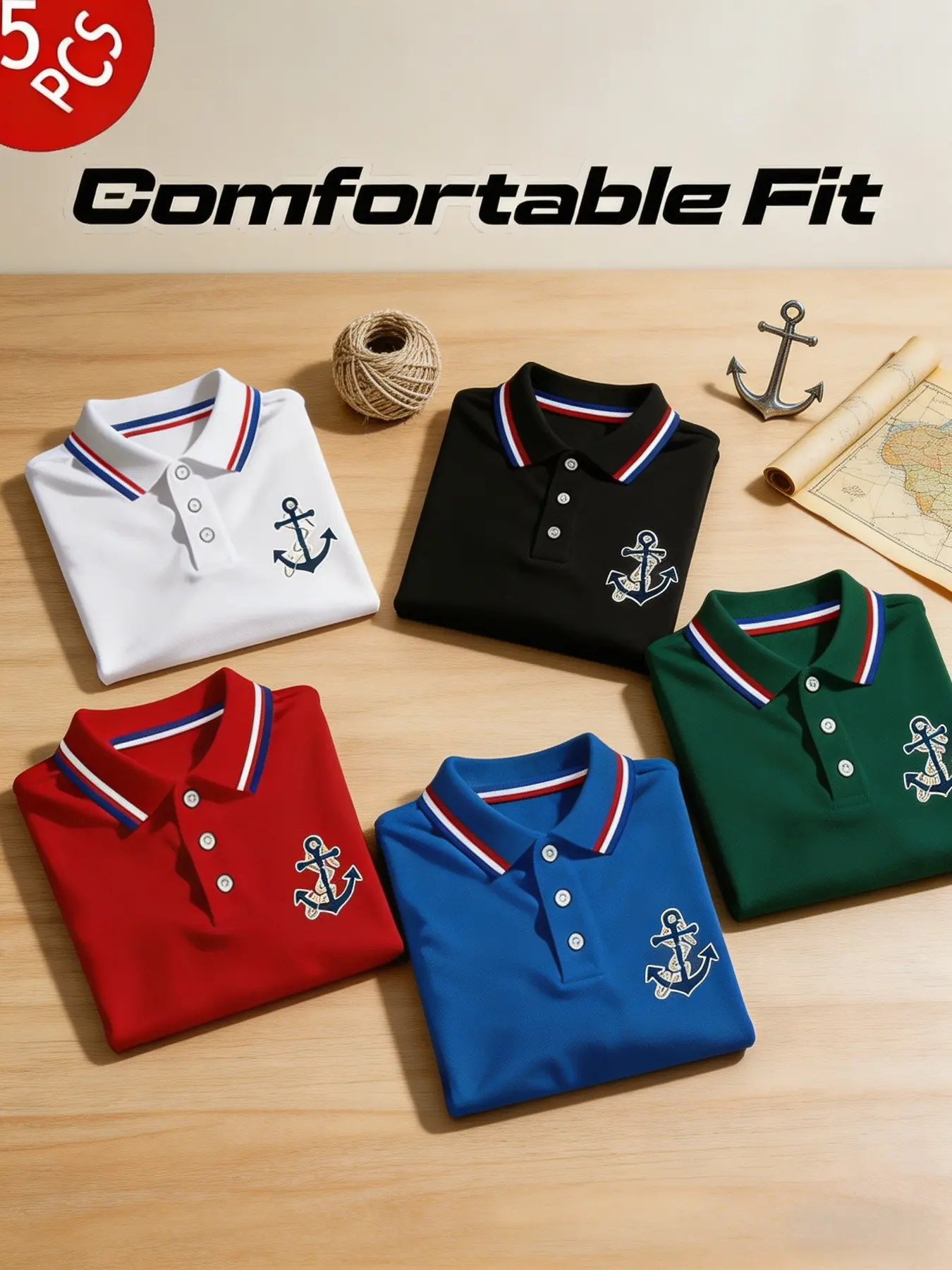 Men's Polo Shirt Set, Fitted Classic Short Sleeve Fashionable Casual Tee, Fashion Home Wear, Anchor Print, Summer New, Breathable Daily/golf Shirt, Summer Polo Shirts, Printed Polo Shirts, Multiple Colors