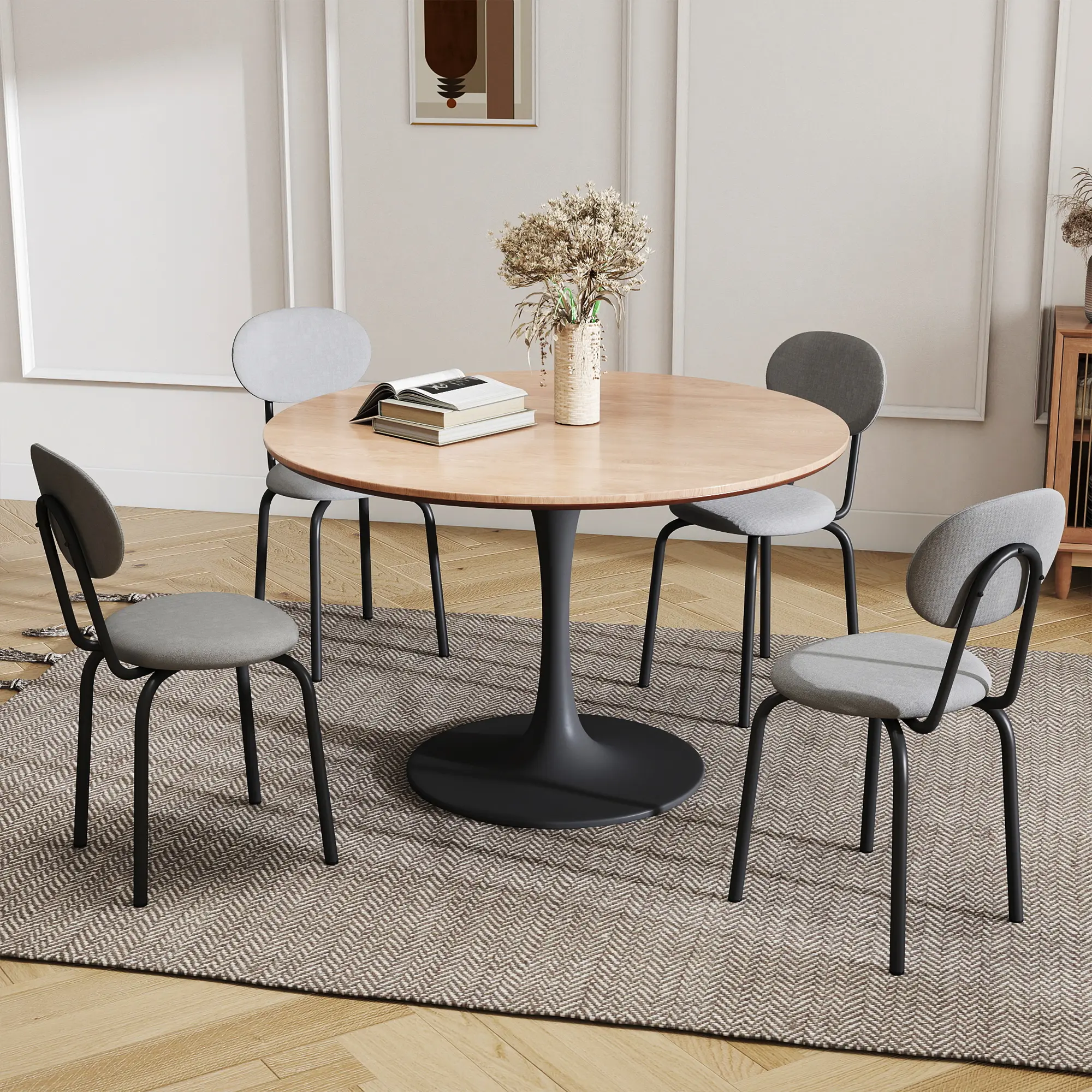 4-Piece Armless Mid-Century Modern Dining Room Chairs - Cotton Blend Breathable Padded Seats, Sturdy Metal Frames, Indoor Kitchen Furniture, Fast & Easy Assembly