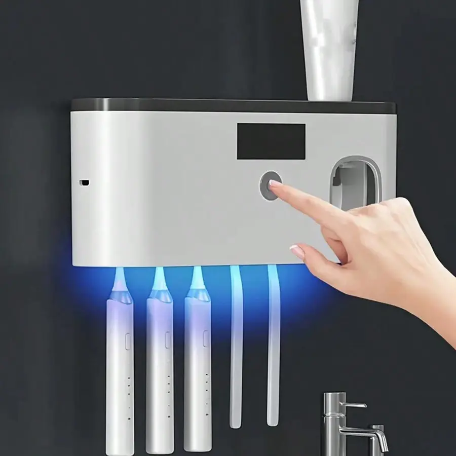 1 Pc Intelligent Toothbrush Sterilizer With Toothpaste Dispenser Wall-Mounted Toothbrush Holder, Toothbrush Rack And Sterilizer, Toothbrush Organizer With 5 Slots, Bathroom Accessory, Home Decor, Battery Capacity: 400mAh Home Bathroom Decor Summer