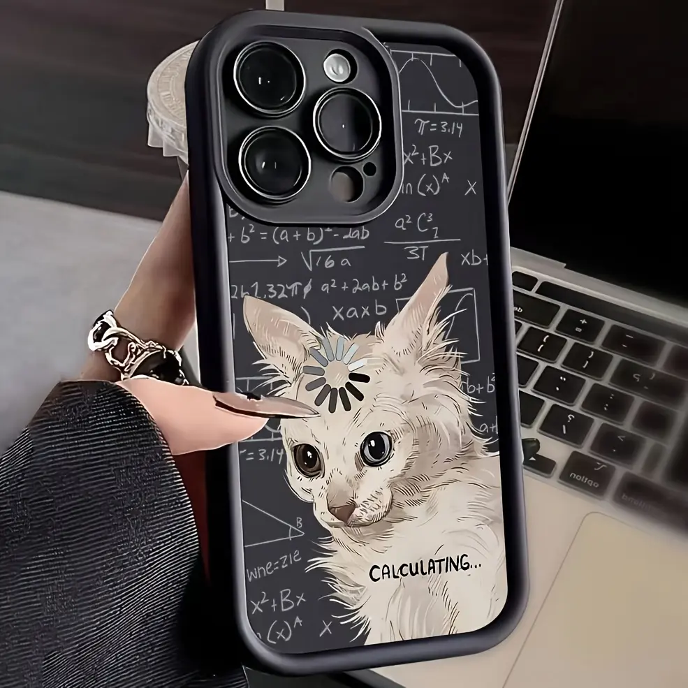 Matte TPU Phone Case with Calculating Loading White Cat Math Formula Design, High Bumper, Shockproof Lens Cover, Multi-Model Shell for iPhone Series (17 Air, 17E, 16, 15 Plus, 14, 13, 12, 11 Pro Max) - Phone Protection Accessories, Casing, Fingerprint, Sm