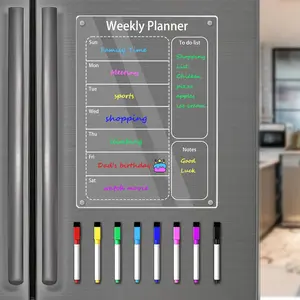 Weekly Magnetic Calendar For Refrigerator,Dry Erase Planning Board,Magnetic Weekly Planner For Fridge,Meal Planner Menu Board,Clear Fridge Calendar Includes 8 Color Markers