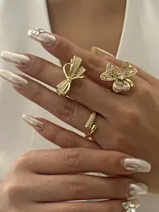 Women's Three-Piece Clover Bow Ring Set, Statement Multi Ring, Stackable Rings, Cubic Zirconia Inlay Design, Ideal Gift for Women, Daily Wear Jewelry Collection