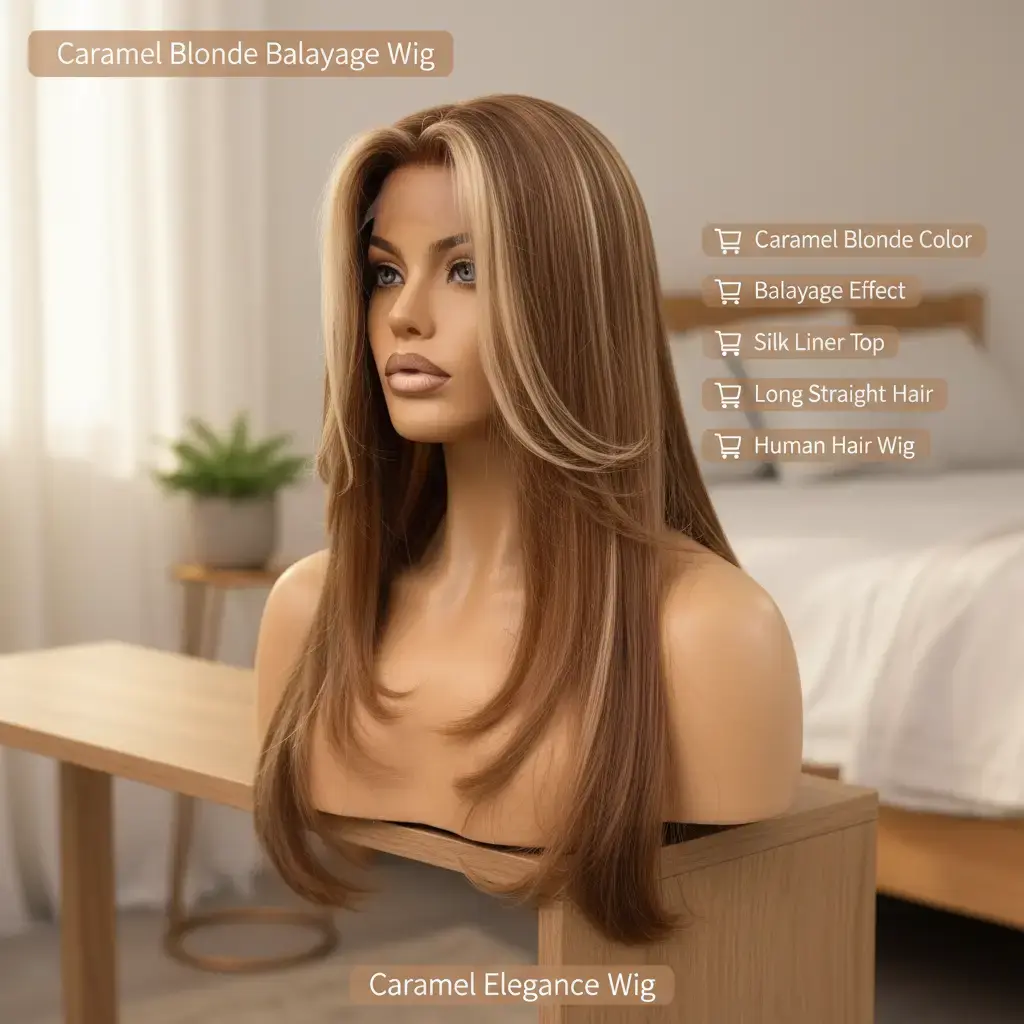 ELLE Caramel Blonde Balayage with Silk Liner Top Long Straight Human Hair Wig