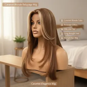 ELLE Caramel Blonde Balayage with Silk Liner Top Long Straight Human Hair Wig