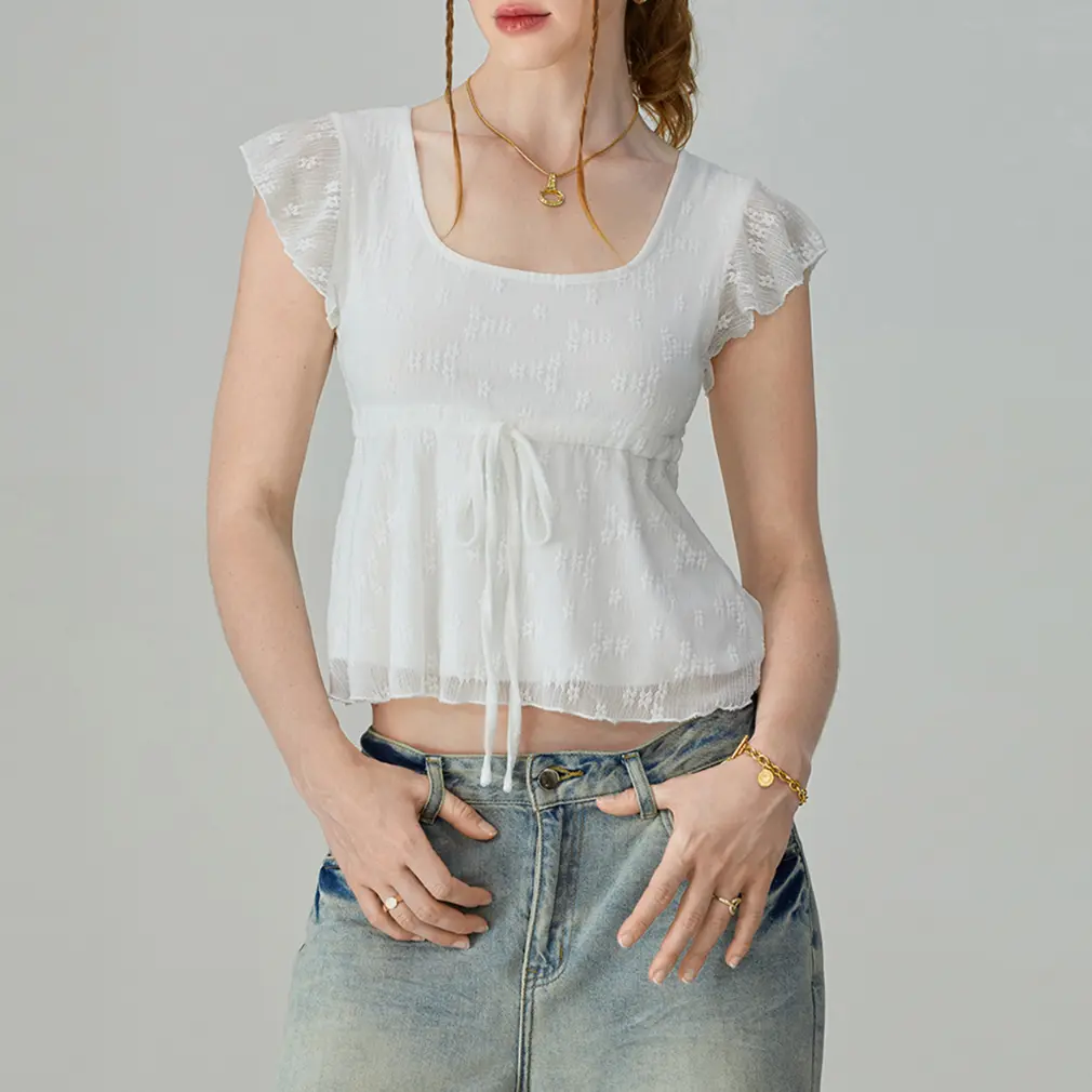 Women's Chic Summer Cropped Tops Flying Sleeve Square-neck Tie Bow Front Jacquard Trendy T-shirt Y2K White Women's Chic Summer Cropped Tops Flying Sleeve Square-neck Tie Bow Front Jacquard Trendy T-shirt Y2K White
