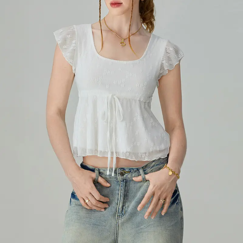 Women's Fitted Jacquard Cropped T-Shirt - Square-Neck, Flying Sleeves, Bow-Front Charm, Casual Classy Top, Flattering Tops, White