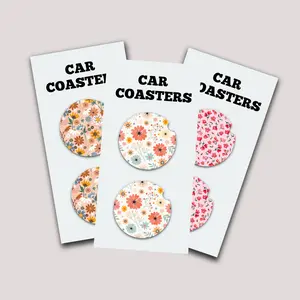 Floral Boho Style Cute Car Coasters, Set of 2, Cute Aesthetic Car Coasters, New Car Gift, Gifts for Her, Flower Coasters for Car, Car Gadgets and Accessories Girly Tableware Thick