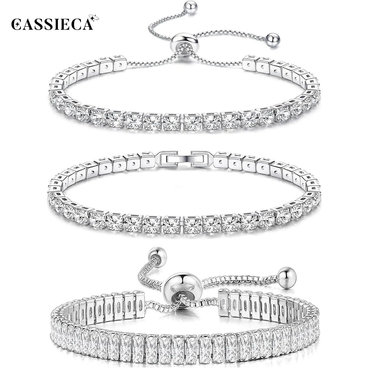 CASSIECA Women's 3-Piece Silver-Tone Tennis Bracelets, 4mm 5A+ Cubic Zirconia CZ Slider Bracelets, 7-in Adjustable Classic Fashion Jewelry for Wedding Gifts