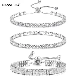 CASSIECA Women's 3Pcs Silver-Tone Tennis Bracelets, 4mm 5A+ Cubic Zirconia CZ Slider Bracelets, Adjustable 7-Inch Classic Fashion Jewelry for Wedding Gifts SummerVibes