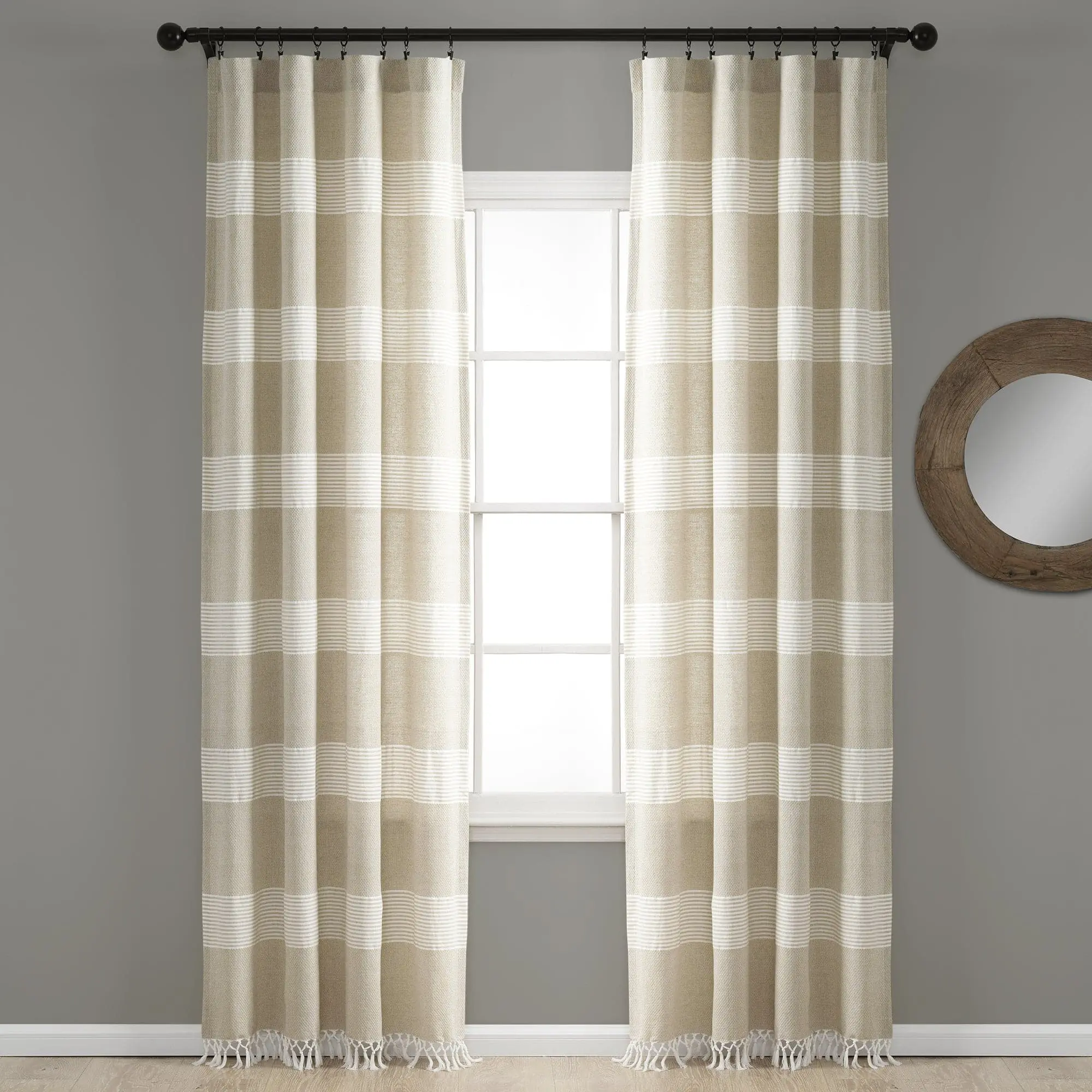 Lush Decor Tucker Stripe Yarn Dyed Knotted Tassel Home Decoration Curtain Panel Set, 2 Panels, 40x84"/40x95", Eco-Friendly Recycled Cotton Blend, Coastal Look Window Drapes for Bedroom Decor, Shutter Blind Compatible