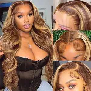 KOUWI Ombre Highlight 13x6 Lace Front Wigs Human Hair Pre Plucked Honey Blonde HD Transparent Straight Lace Frontal Wigs with Baby Hair #3/27 Colored Glueless Wig for Women 30 Inch  Hand-crocheted Natural Look Heat-Resistant Fiber Lace Wig