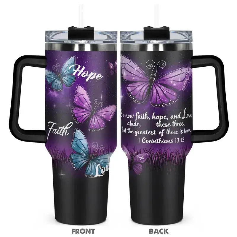 Butterfly Pattern Tumbler, 1 Count 40oz Stainless Steel Insulated and Durable Water Bottle with Lid, Birthday Gift for Friend
