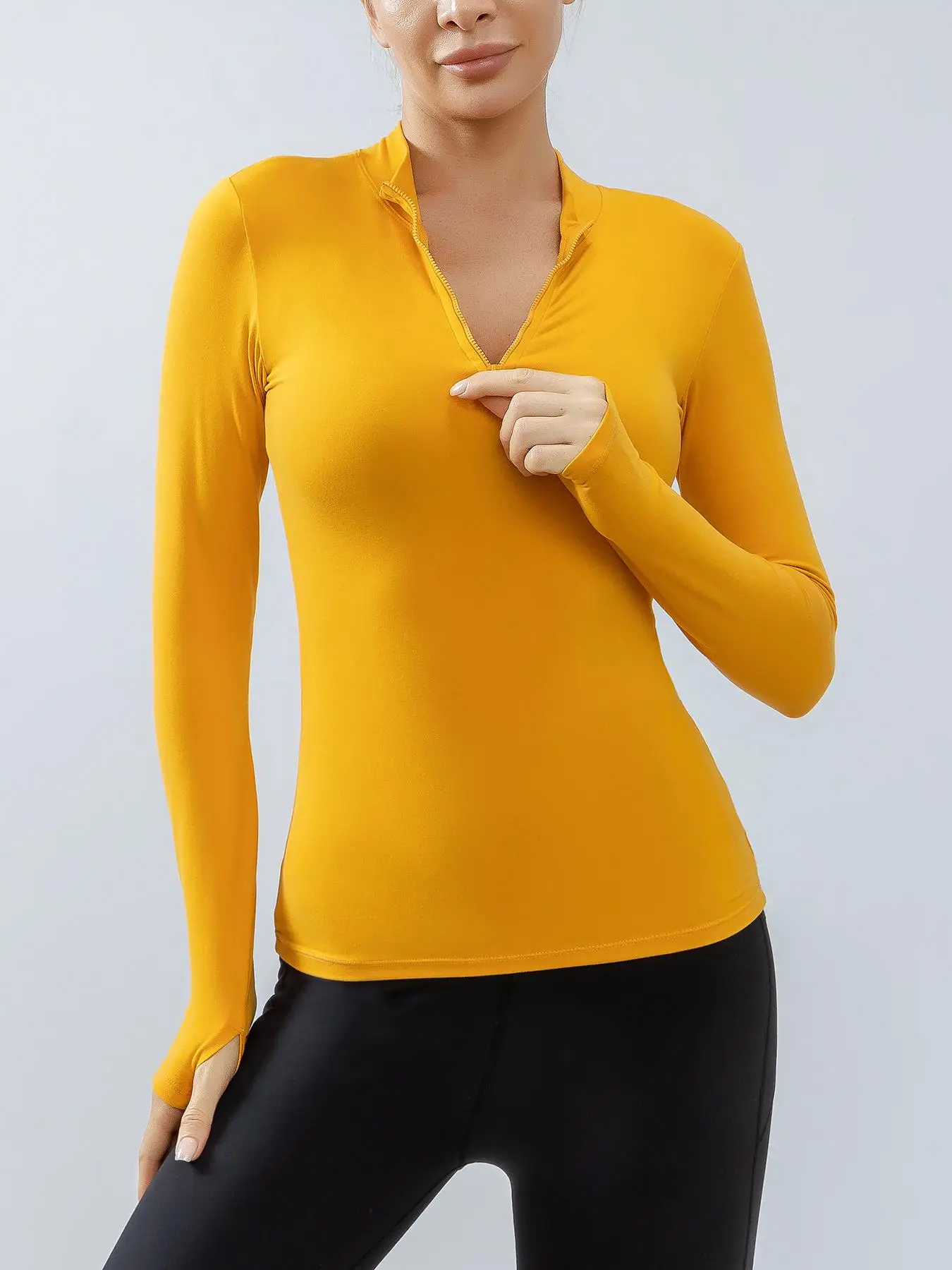 Women's Stand Collar Compression Shirt with Thumb Holes, Solid Half Zipper Sports T-Shirt Top, High Stretch Long Sleeve Slim Sports Jackets for Gym Wo