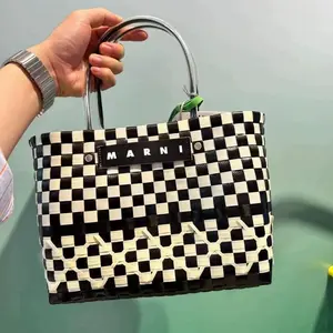 MARNI Vegetable Basket Woven Bag Large Capacity Travel Bag Outdoor Camping Picnic Rebate Handbag with Pixel Art Design