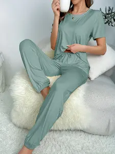 Women Pajamas Set Soft Short Sleeve & Loose Jogger Pants Cozy Loungewear Breathable Nightwear for Ladies