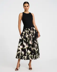 Floral Print Mixed Media Crew Neck Drop Waist Maxi Dress with Pockets