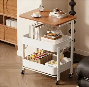 3-Tier Metal Kitchen Storage Cart,Mobile Kitchen Cart with Wooden Top & Lockable Wheels Foldable Utility Cart for Kitchen, Office, Coffee Bar, Balcony,B,74x45x30cm(29x18x12inch)