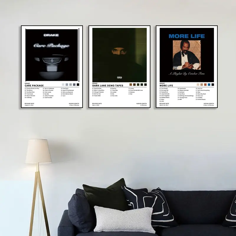 3-piece Drake music album cover canvas poster set, featuring album covers for Care Package, Dark Lane Demo Tapes, and More Life. Ideal for home decor, bedroom/dorm room, birthday gifts, or hip-hop music fans. Frameless, Unframed Art Print Artwork