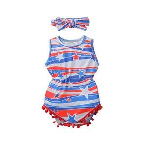4th of July Unisex Baby Girl Boy Clothes 0-24 Months Outfit Blue Stripe and Stars Printing Round Collar Sleeveless Infant Romper Bodysuit with Headband