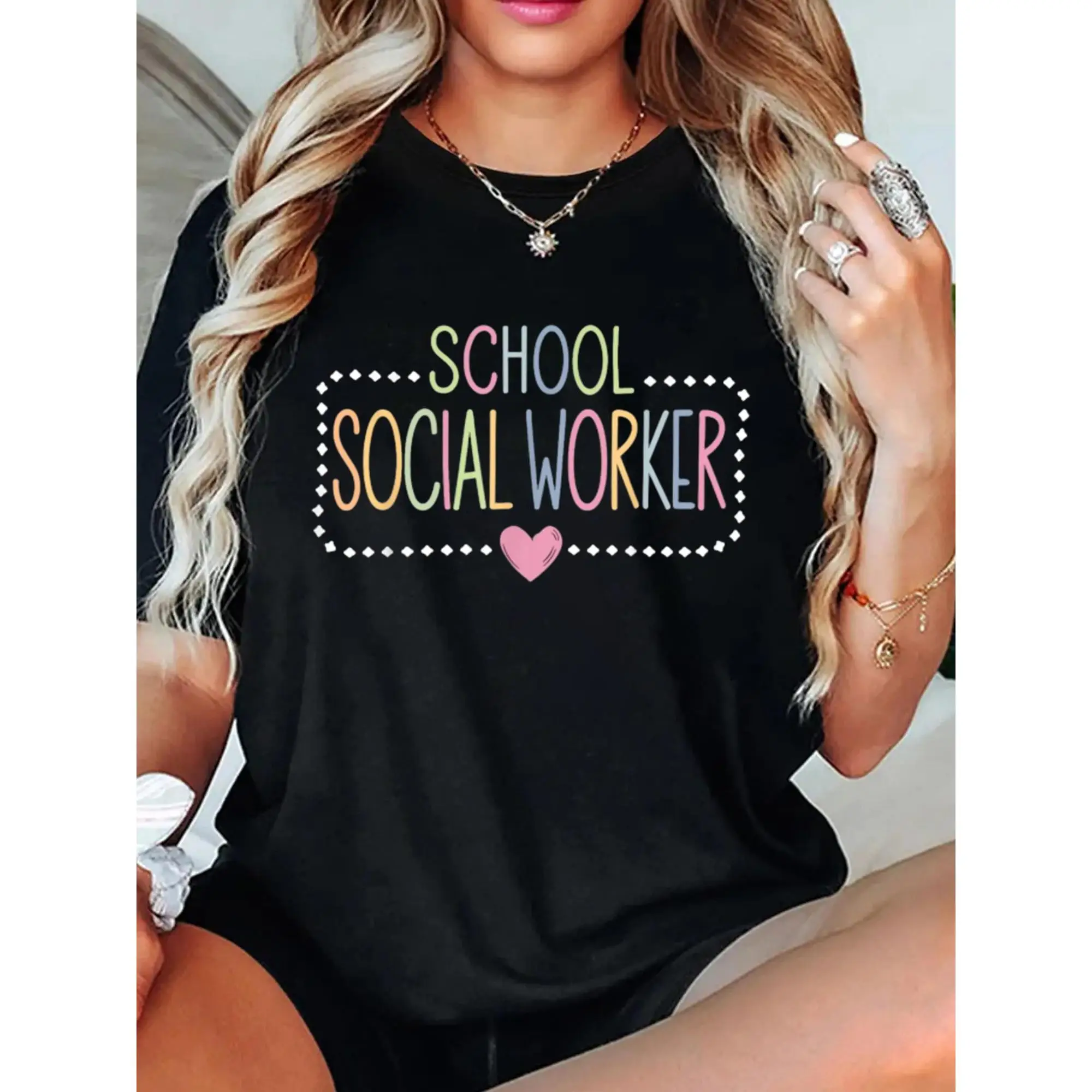 School Social Worker Appreciation Social Work Colleague Cute Print Women'S Gift T-shirt, Round Crew Neck Soft Short Sleeve T-Shirt For Spring Summer,