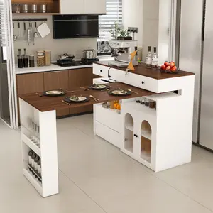 Multifunctional Retro Walnut Veneer Kitchen Island Multi-Functional Floor Cabinet, 360° Rotatable & Extendable Dining Table, MDF Frame, Built-in Socket, 4 Drawers, Glass Door Cabinet, Space-Saving Expandable Furniture for Home Kitchen Dining (2-4 People),