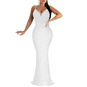Shiny Rhinestone Maxi Dress - Sleeveless, Backless Design, V-neck and Shiny Pink Rhinestones, Elastic Polyester Blend, Perfect for Parties and Formal Events