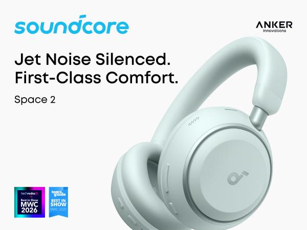 soundcore Space 2 by Anker, Active Noise Cancelling Headphones, Comfortable Fit, 50H Playtime, LDAC HiRes Wireless Audio, Dual Connection, Clear Calls, Bluetooth 6.1, Nap Mode, Wearing Detection
