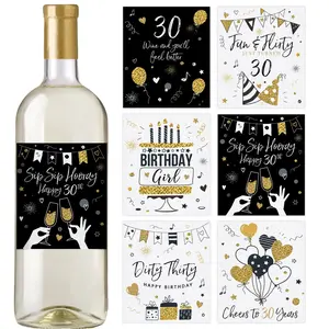 30th Birthday Party Decoration – Waterproof Wine Bottle Labels, Black and Gold (Set of 6)