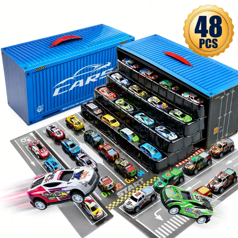 48 Pack Pull Back Toy Cars for Kids, Metal Body Racing Cars with Drawer Storage Carry Case and Handle, Assorted Vehicle Collection for Birthday Gifts and Party Favors