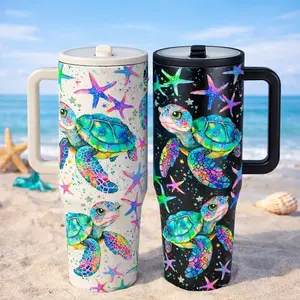 AuraCup 1pc 40oz Insulated Tumbler with Handle, Stainless Steel Vacuum Travel Mug with Colorful Sea Turtle and Starfish Ocean Print, Large Capacity Water Cup for Hot Cold Drinks, Reusable Coffee Mug for Car Office Outdoor Use, tumbler with lid and straw,