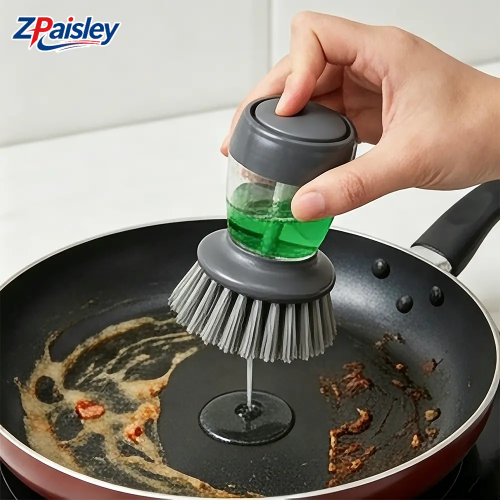 Soap Dispensing Dish Brush with Drip Tray Stand, Durable Nylon Bristles Kitchen Scrub Brush with Refillable Soap Reservoir, Ergonomic Grip Non-Scratch Cleaner for Pans Pots Dishes, Multi-Use Household Sink Washing Brush (Cleaning Brush Only)