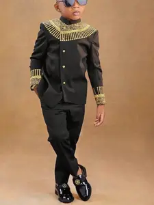 Traditional African Boys' Cultural Clothing 2-Piece Set Dashiki Long Sleeve Top with Embroidery Buttons Pockets Hem Slit Elastic Waistband Pants Full Length All Seasons Travel Party Casual Elegance Black