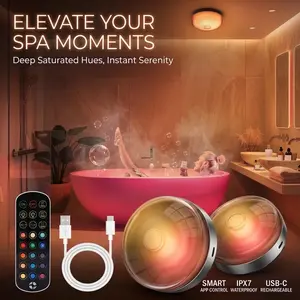 Wireless Shower Light (2 Pack) - No Wiring Needed, IPX7 Waterproof Mood Lamp with Remote & App Control, Rechargeable RGB Light for Spa, Bathtub, Closet