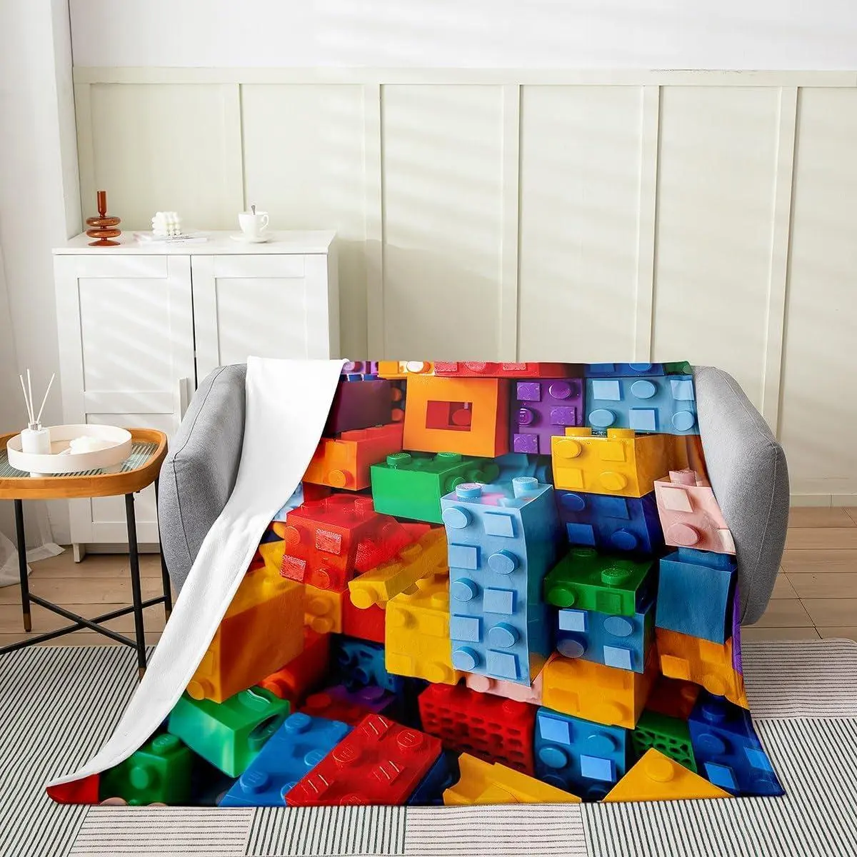 Games Throw Blanket for Kids,Building Blocks Gaming Toy Bricks Fashion Fleece Throw Blanket for Bedroom Sofa Dorm Decor,3D Geometric Colorful Blanket, es